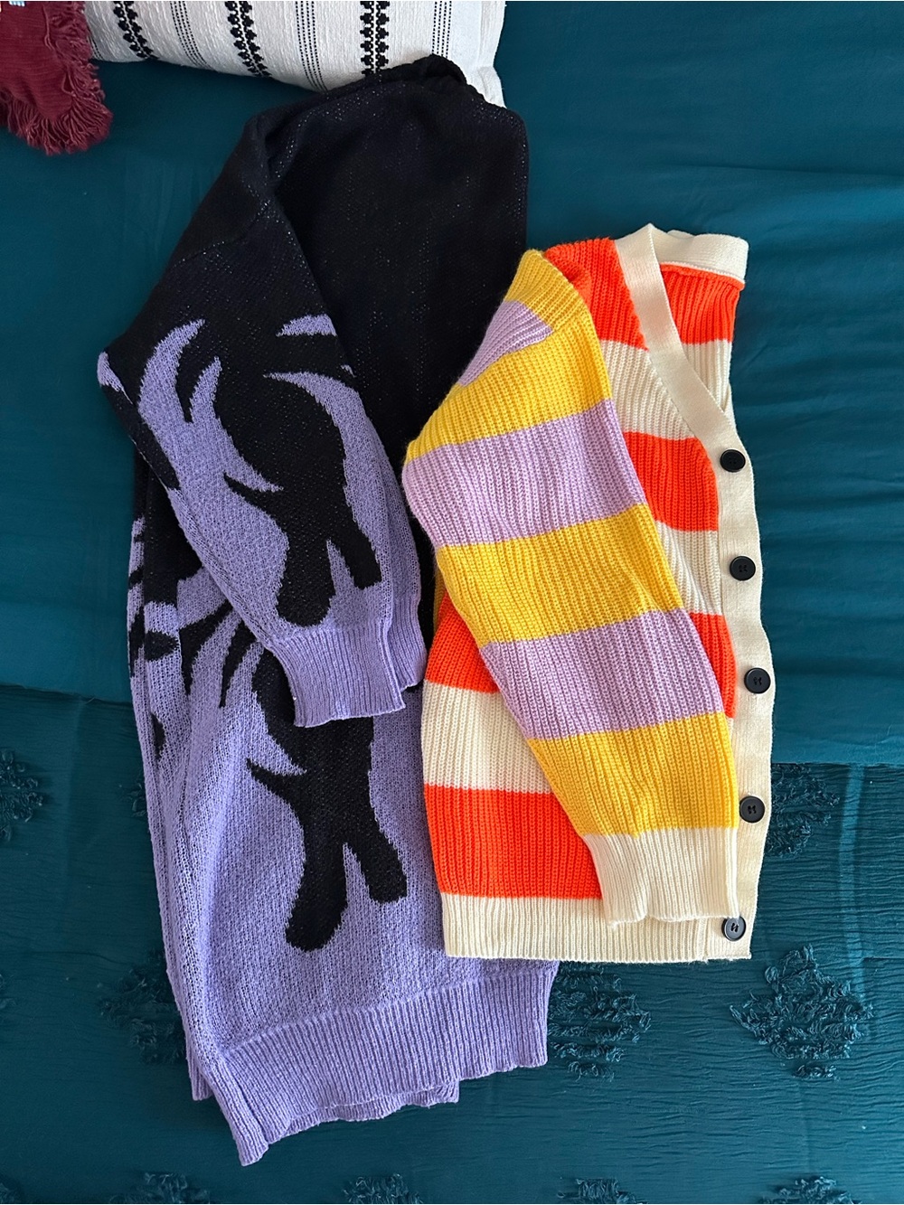 SHEIN Lavender, Black, Yellow & Orange Striped and Graphic Knit Cardigans